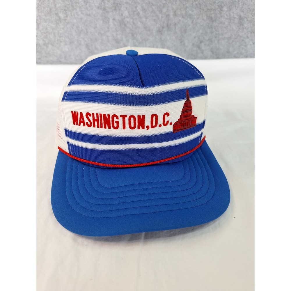 Vintage Washington DC Trucker Hat Blue White Striped Snapback Mesh Cap Capitol